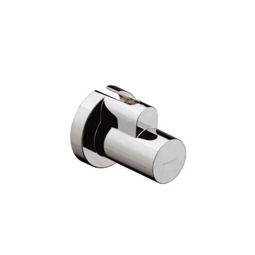 Chromfarbener Wasseranschluss von Hansgrohe, zylindrischer Form mit Hebel. Geeignet für die Wandmontage im Badezimmer oder in der Dusche.